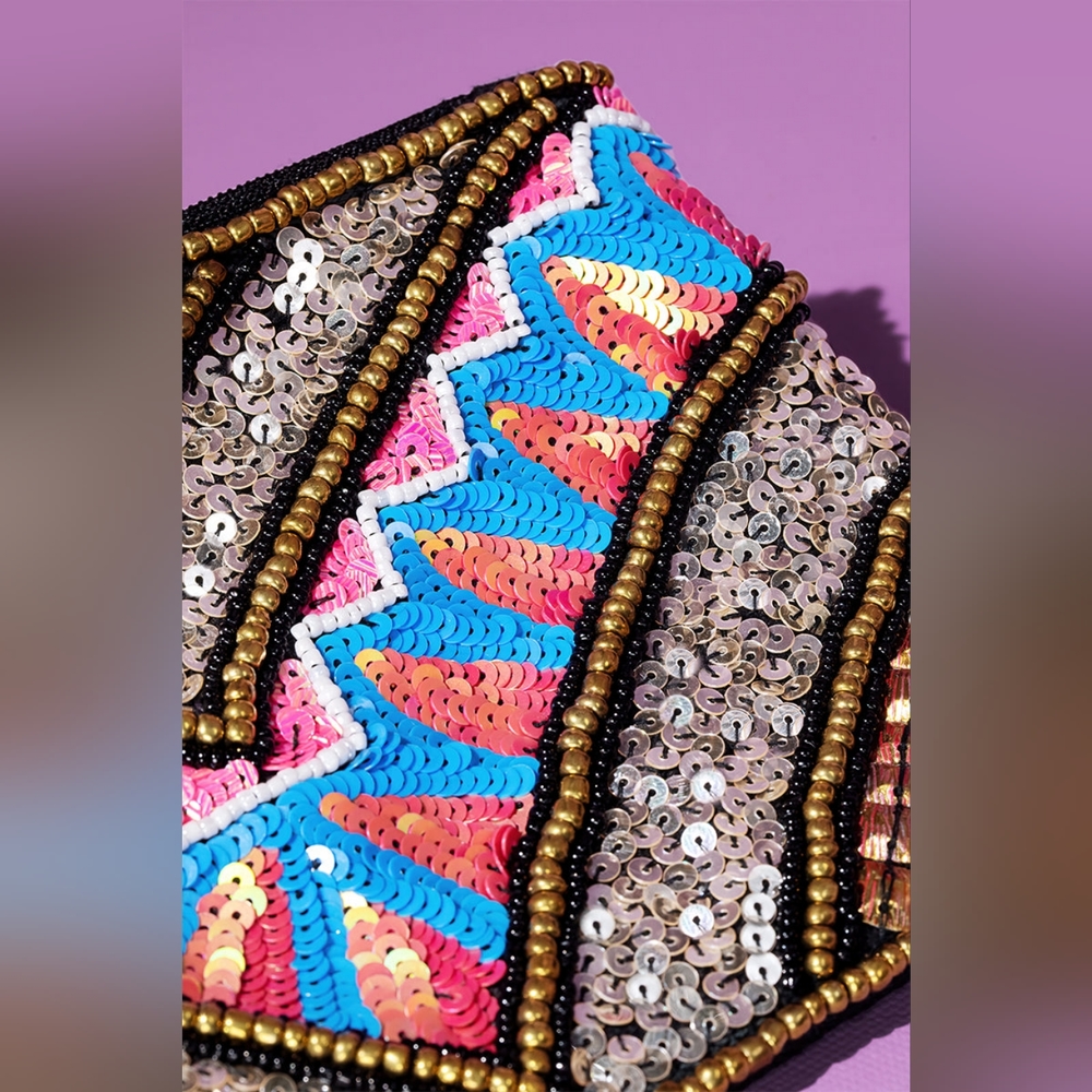 Handmade Hand Beaded & Sequined Wristlet Clutch - Ethnic Inspired Chevron Motif - Picture 5 of 8